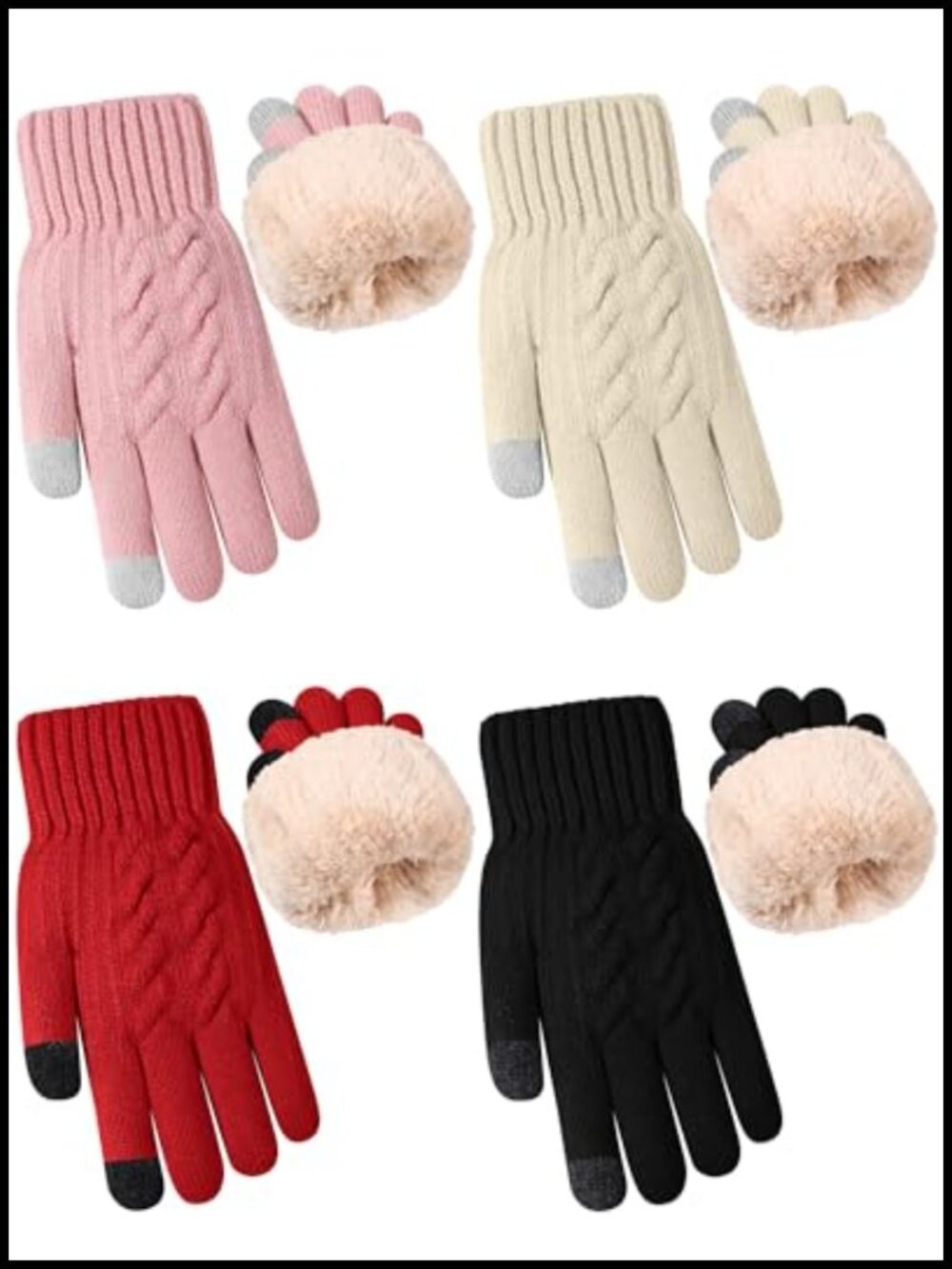 Fleece Lined Winter Gloves Touchscreen Knit 4 Pair Set One Size